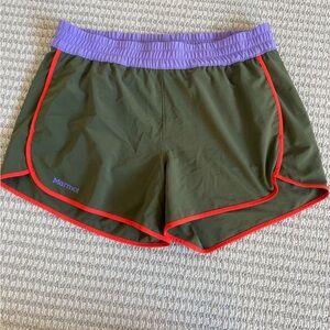 Marmot Olive Green Athletic Shorts with Purple Waistband and Red Trim